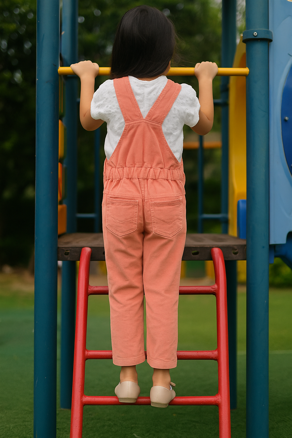 A young girl in a peach dungaree and white top climbs a red playground ladder, holding onto a yellow bar. Her back faces the camera, showcasing the outfit's crossed straps and gathered waist.