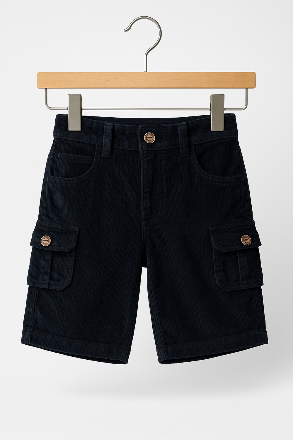 Black half pants with box side pockets and buttons. In Wooden Hanger Front View. 