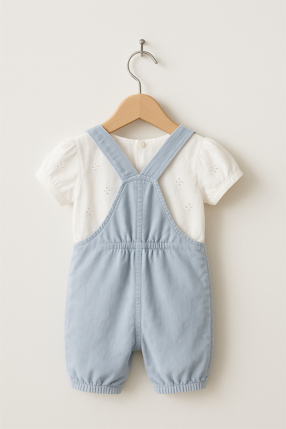 Alternative text: Light blue baby romper with cross-back straps and elastic hem, layered over a white short-sleeve eyelet top, displayed on a wooden hanger against a plain off-white wall. The outfit has a simple and classic style, ideal for casual wear, with a soft pastel color palette.