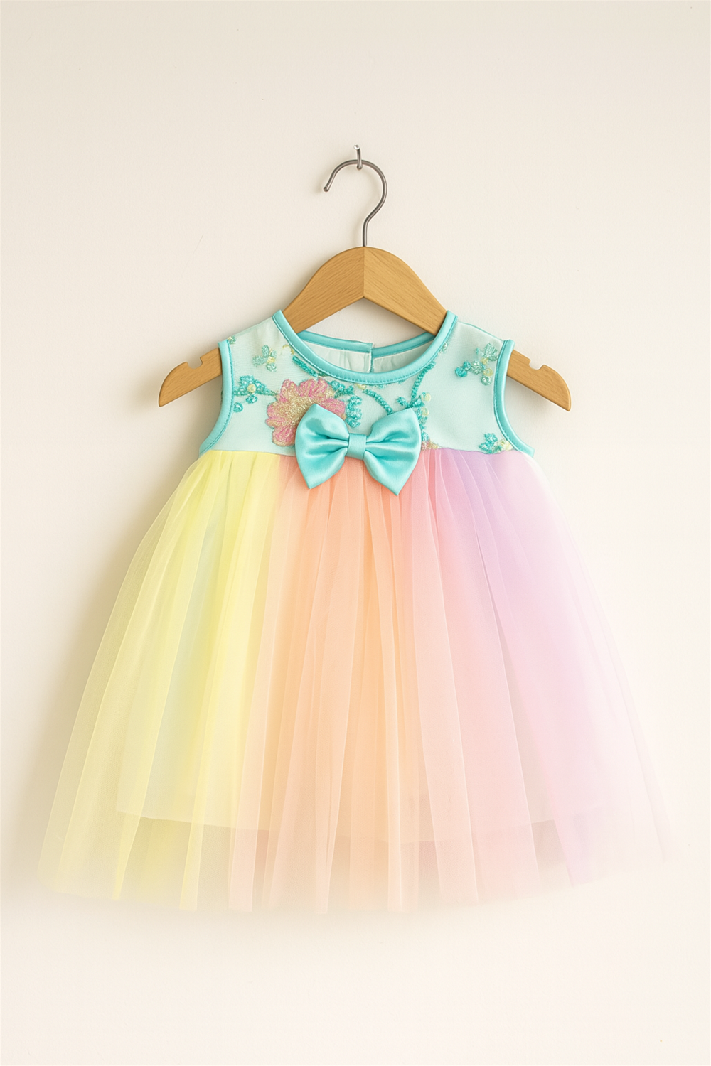 A baby girl in a sea green alter neck dress with a colorful net skirt and a matching bow.