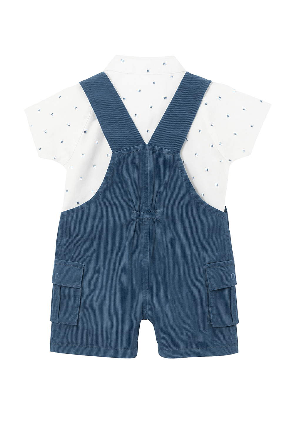 Baby boy's baby boy Wearing steel blue corduroy dungaree paired with a light-colored shirt, perfect for a stylish and comfortable look. It's back side view.