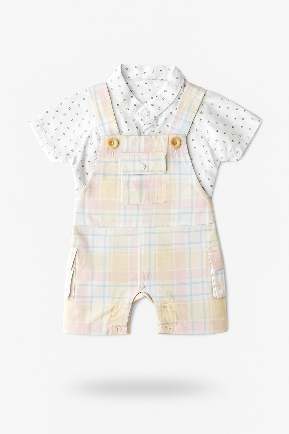 Baby boy's stylish Pastel shade checked dungaree paired with a Chinese collar showcasing a charming white polka dot design inner.