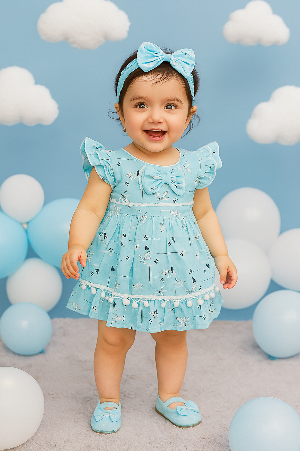 A joyful baby girl dressed in a sky blue frock with flutter sleeves, a front bow, and pom-pom trim. She is standing amid white and blue balloons, smiling brightly in a dreamy cloud-themed background.
