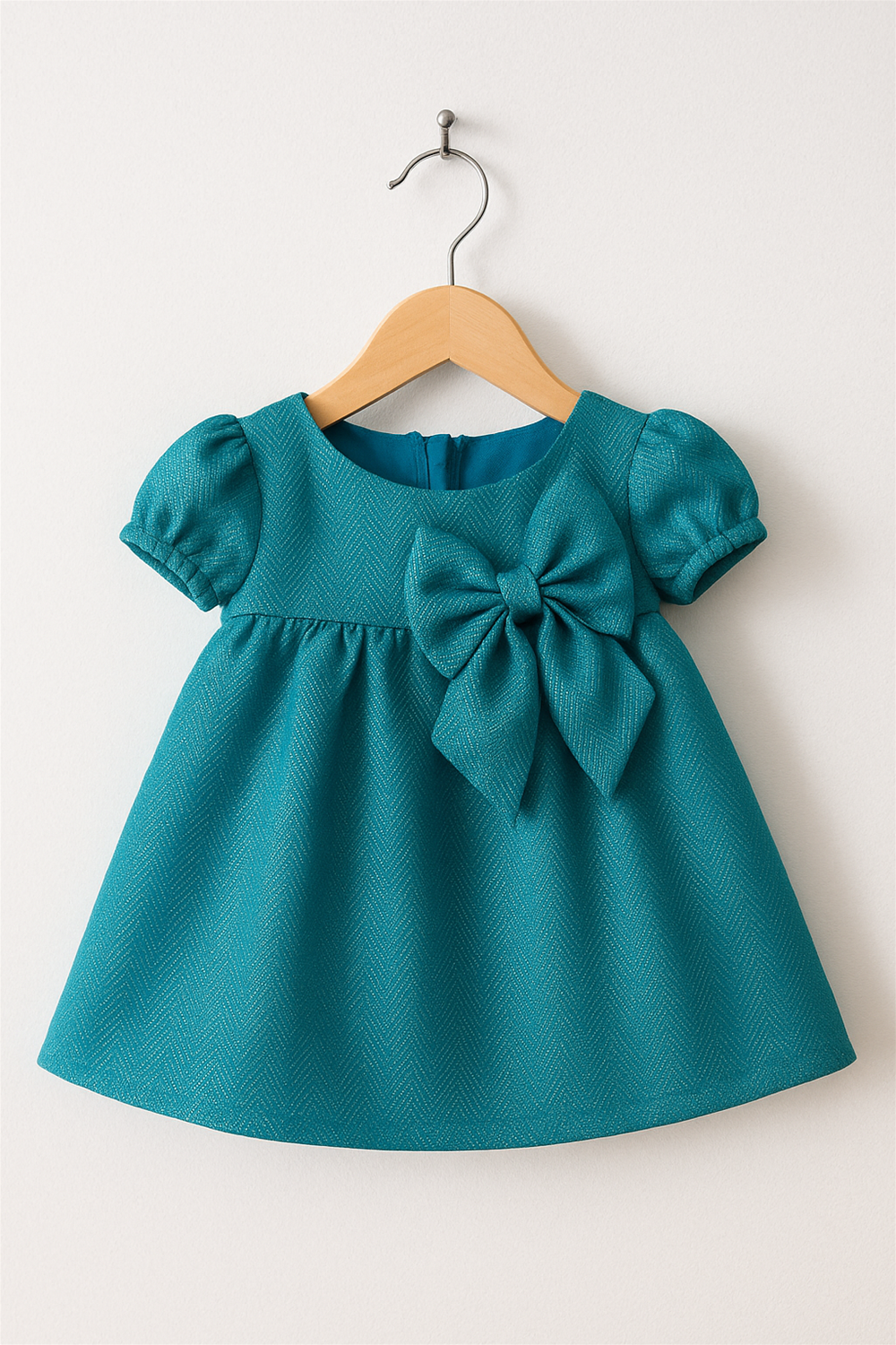 A peacock blue dress in zil mil material hanging in a wooden hanger front view.