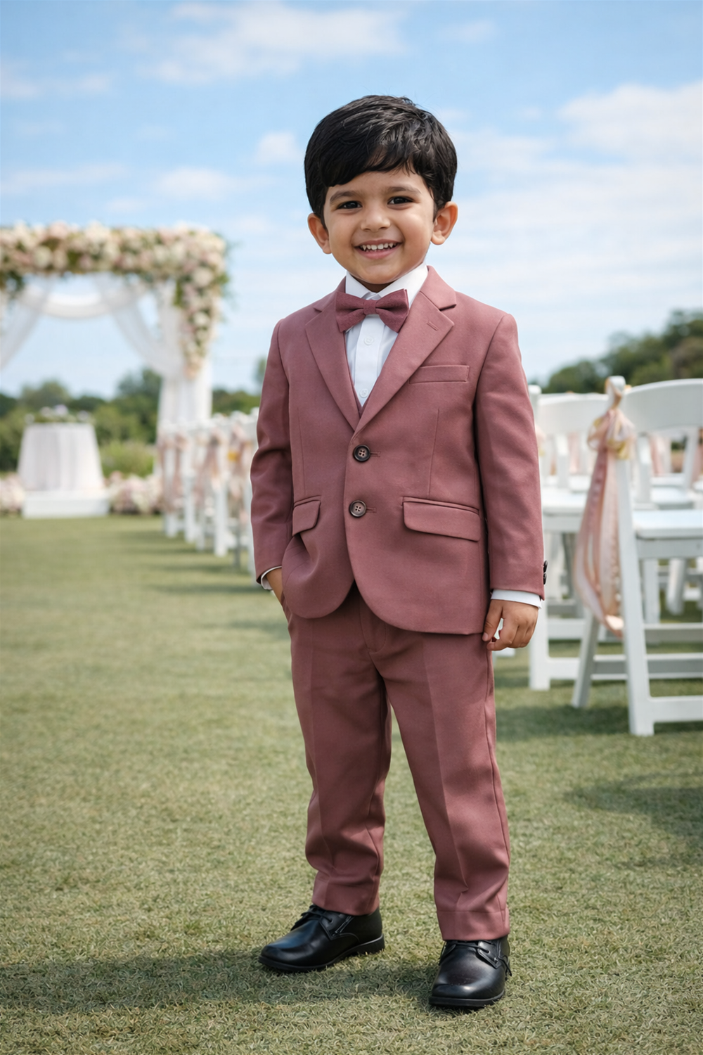 Smiling toddler boy in suit and bow tie standing outdoors at wedding aisle with floral arches and guests.
