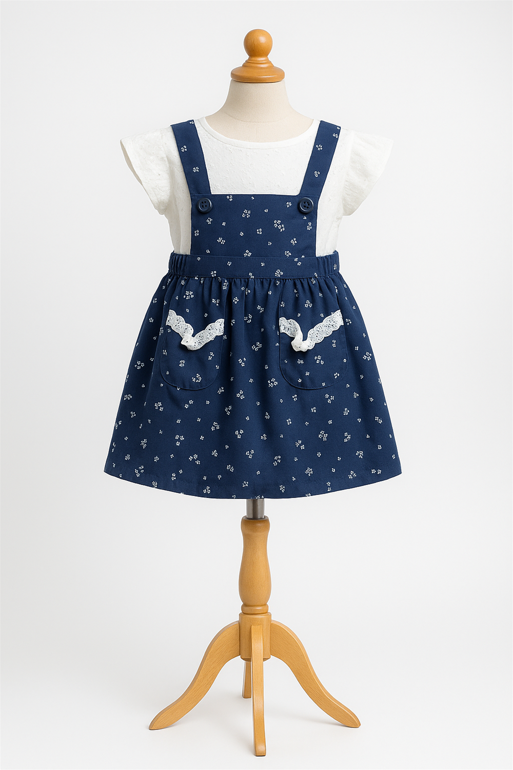 Baby girl's outfit pinafore featuring a white hakoba cap sleeves inner and a blue polka dot dress.