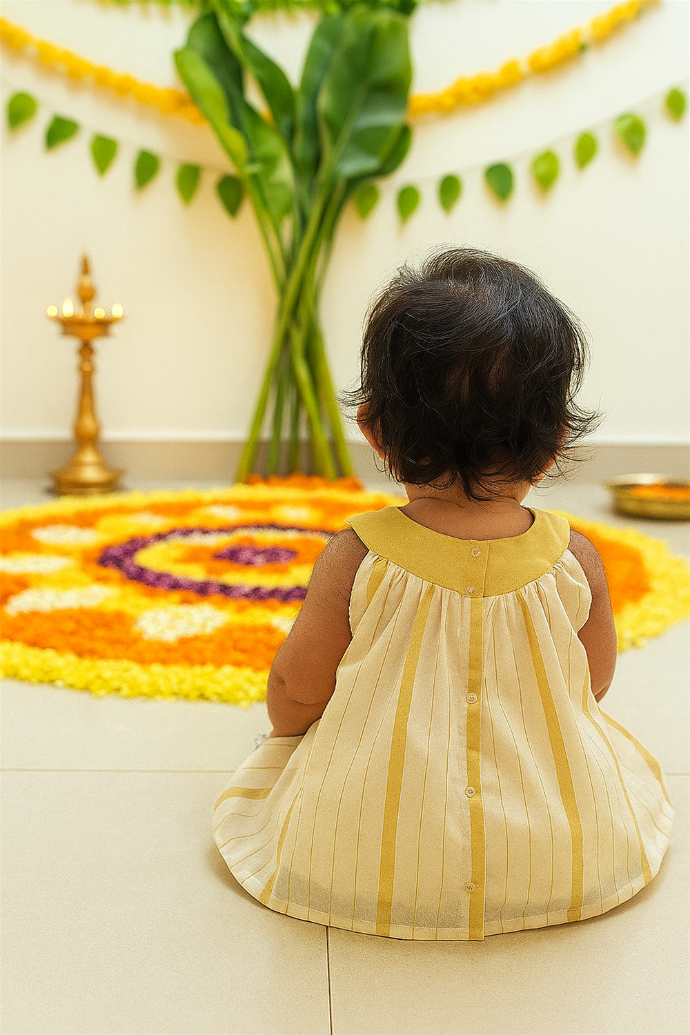 Baby in Traditional Dress (back view): A baby sits facing a floral rangoli with brass lamps and green banana leaves in the background, dressed in a cream and gold striped festive frock. The scene captures the warmth of a cultural celebration.
