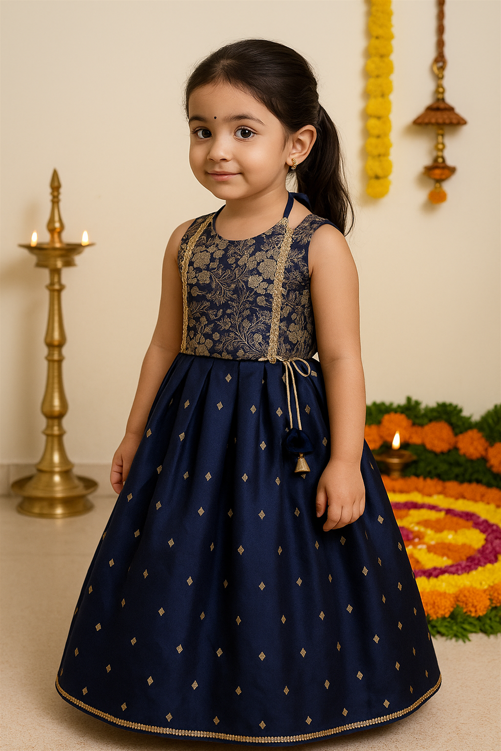 Little girl in a navy-blue ethnic dress with golden floral embroidery on bodice, smiling indoors with festive lamps and garlands.