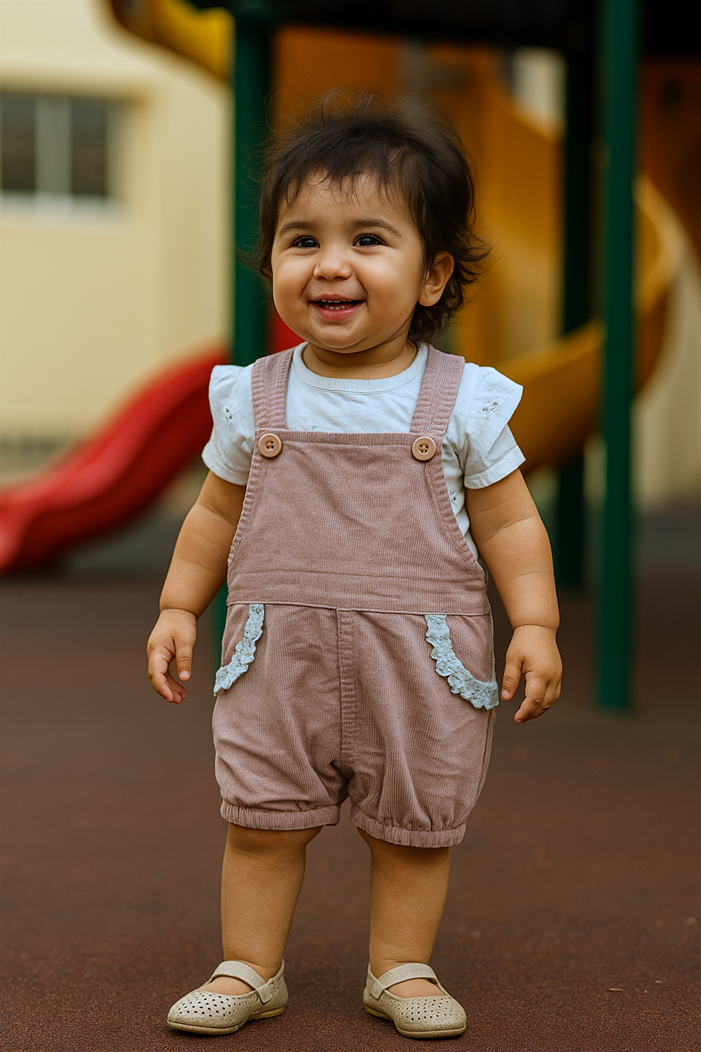 A toddler stands on a playground, wearing a light brown overall romper with white lace-trimmed pockets over a white short-sleeve shirt. She pairs the outfit with matching pink shoes, looking directly at the camera with a calm, curious expression.