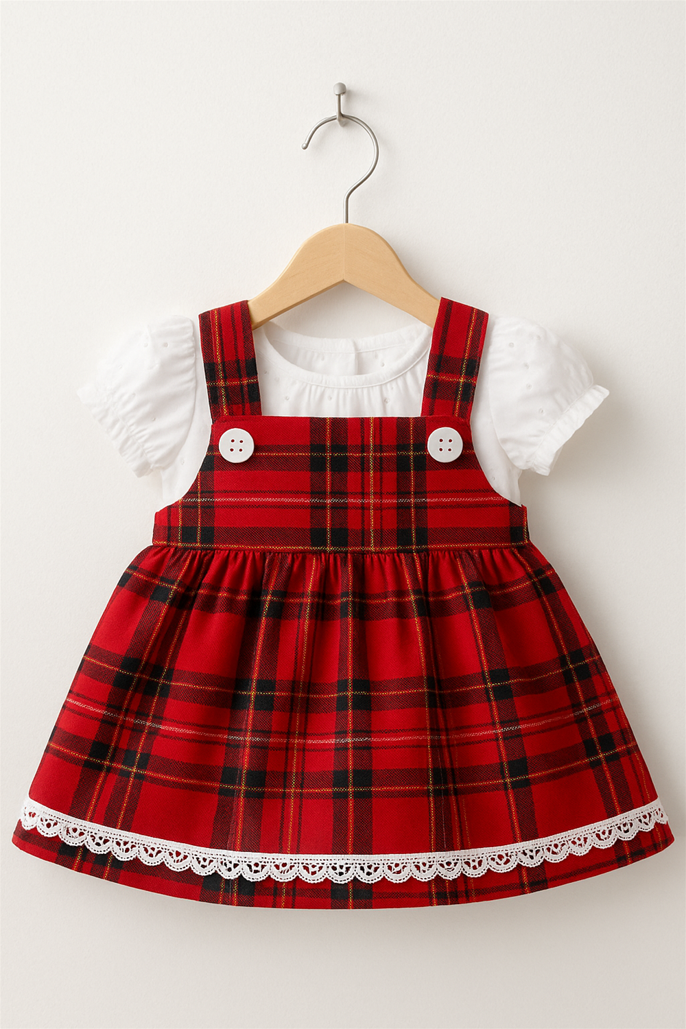 A red and black plaid baby dress with white puff sleeves and lace trim hanging neatly on a wooden hanger.