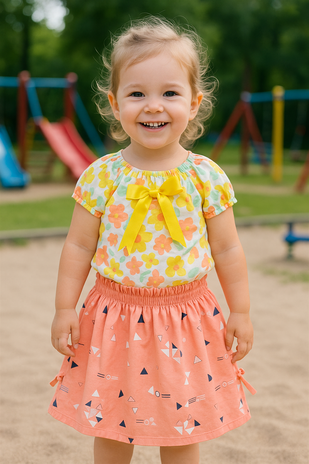 Happy toddler girl in a yellow floral top with bow and peach printed skirt, posing cheerfully in outdoor playground