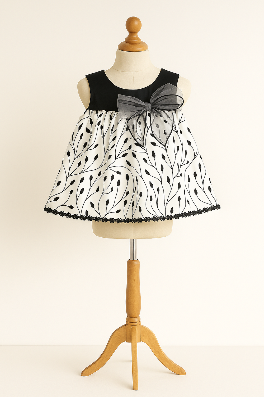 Elegant white and black dress adorned with a black bow, showcasing a chic design.