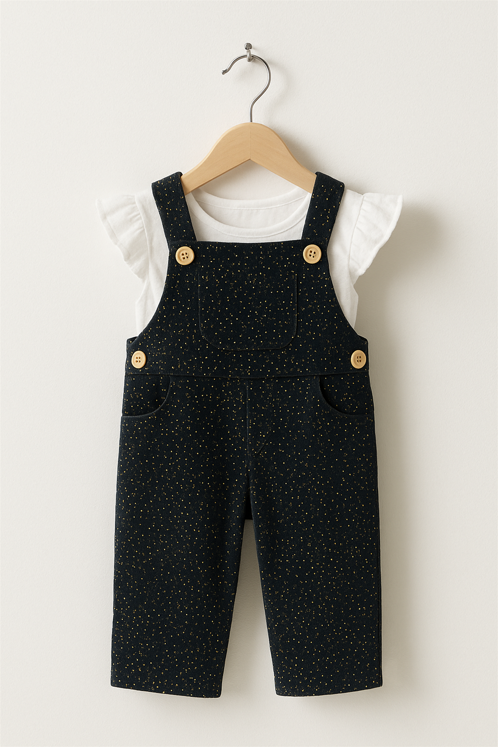 A pair of black overalls with a subtle gold speckled pattern, featuring wooden button details on the straps and waist. Layered over a white short-sleeve ruffle top, the outfit hangs neatly on a wooden hanger against a light background.