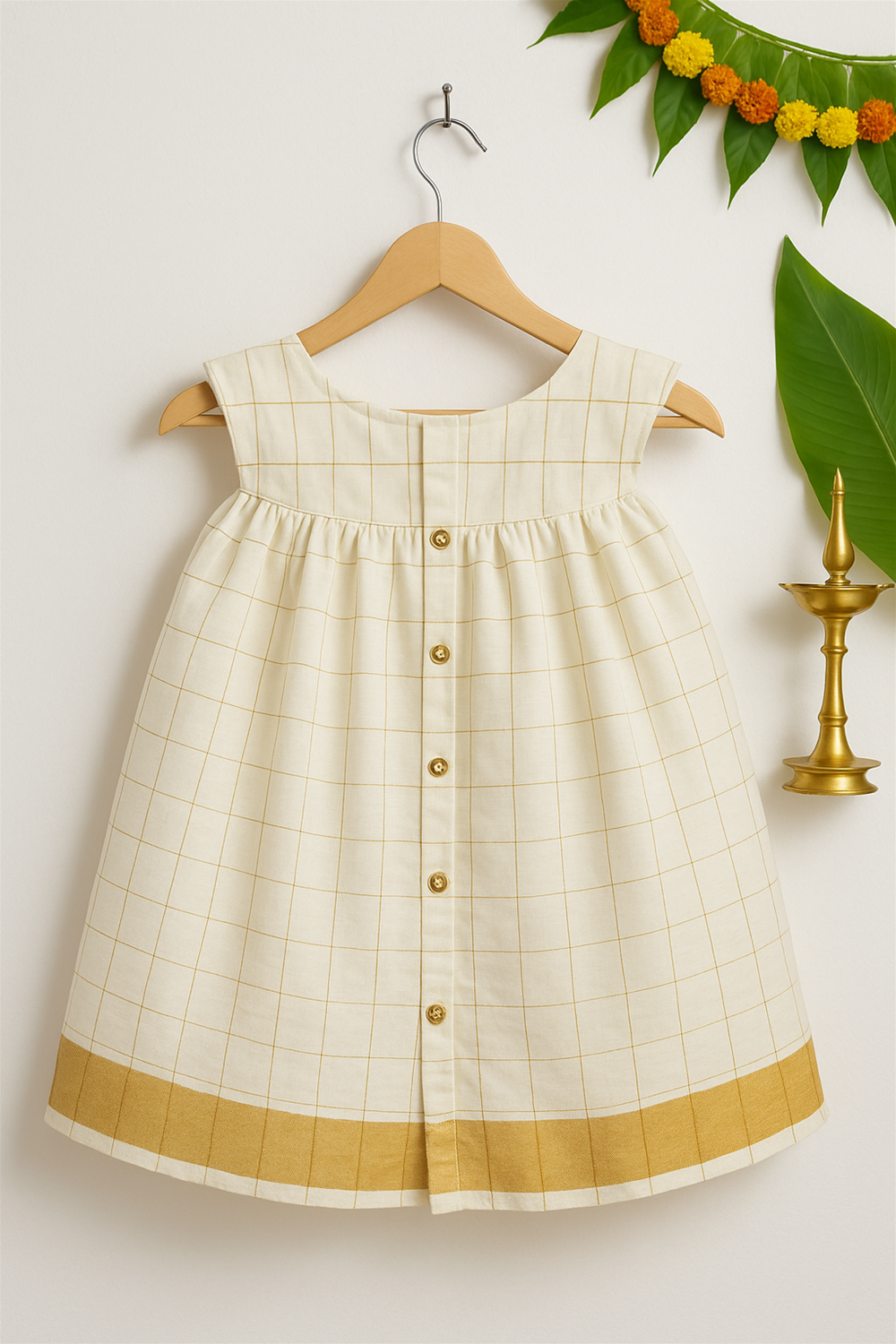 The back view of a cream and gold checked baby dress displayed on a wooden hanger, with neat button detailing down the center. Green banana leaves, brass lamps, and marigold garlands add to the ethnic festive atmosphere.
