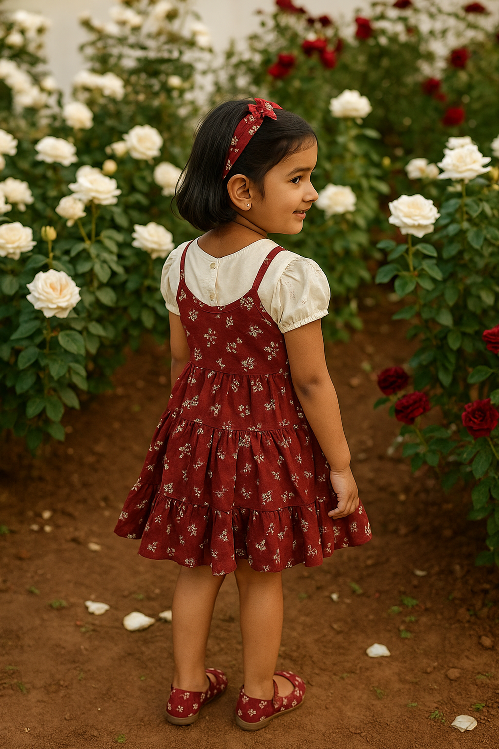 A cheerful little girl stands in a blooming rose garden, wearing a charming maroon floral tiered frock with matching shoes and a headband, radiating joy and elegance.
