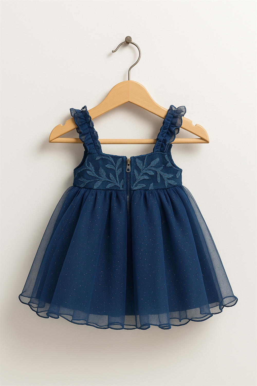 A baby girl wearing a blue glitter net dress in a wooden hanger.