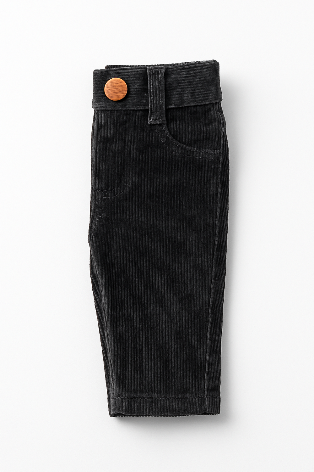 A Dark Black corduroy Pants , Ideal for casual wear. Side View.