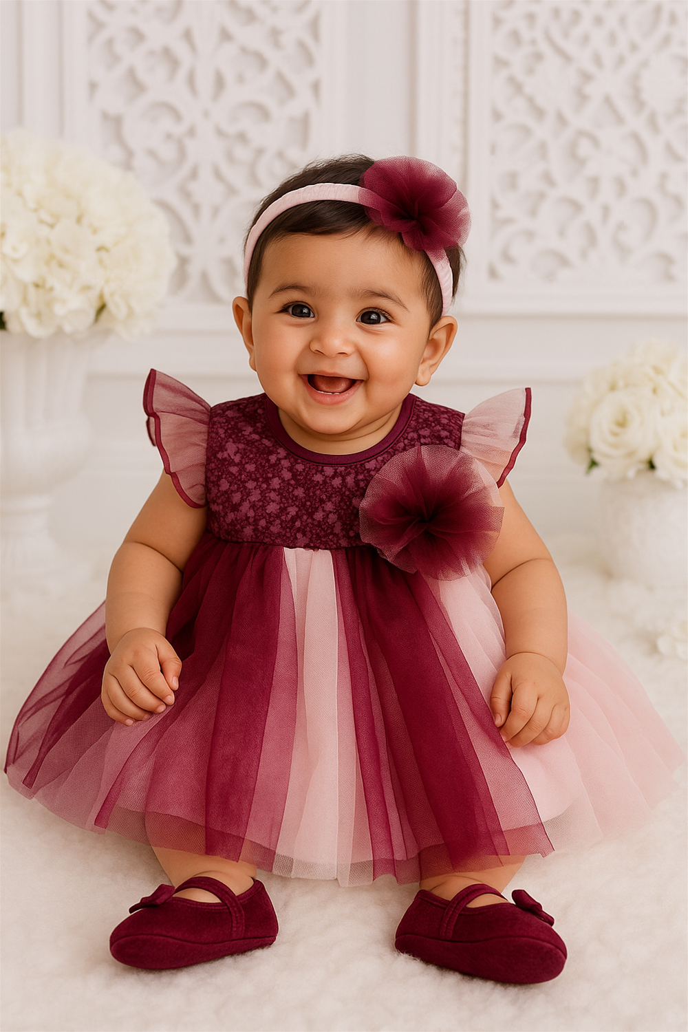 A baby girl wearing a pink dress with a multi-color net skirt and an alter neck, featuring shades of purple and pink.