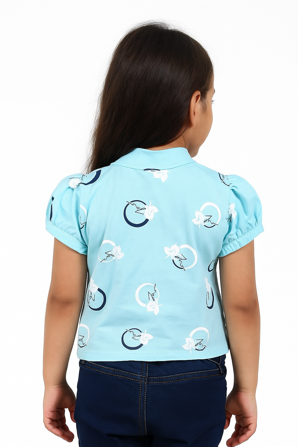 Rear view of girl wearing light blue Chinese collar printed top with puff sleeves, navy circular bird prints, casual pose.