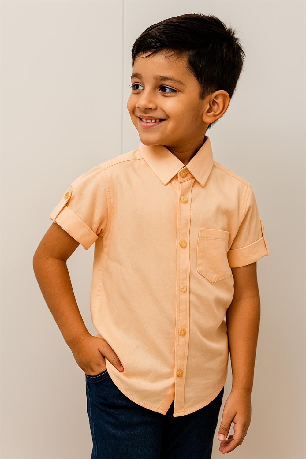A young boy wearing a Plain  Peach half-sleeve shirt smiling while standing outdoors.