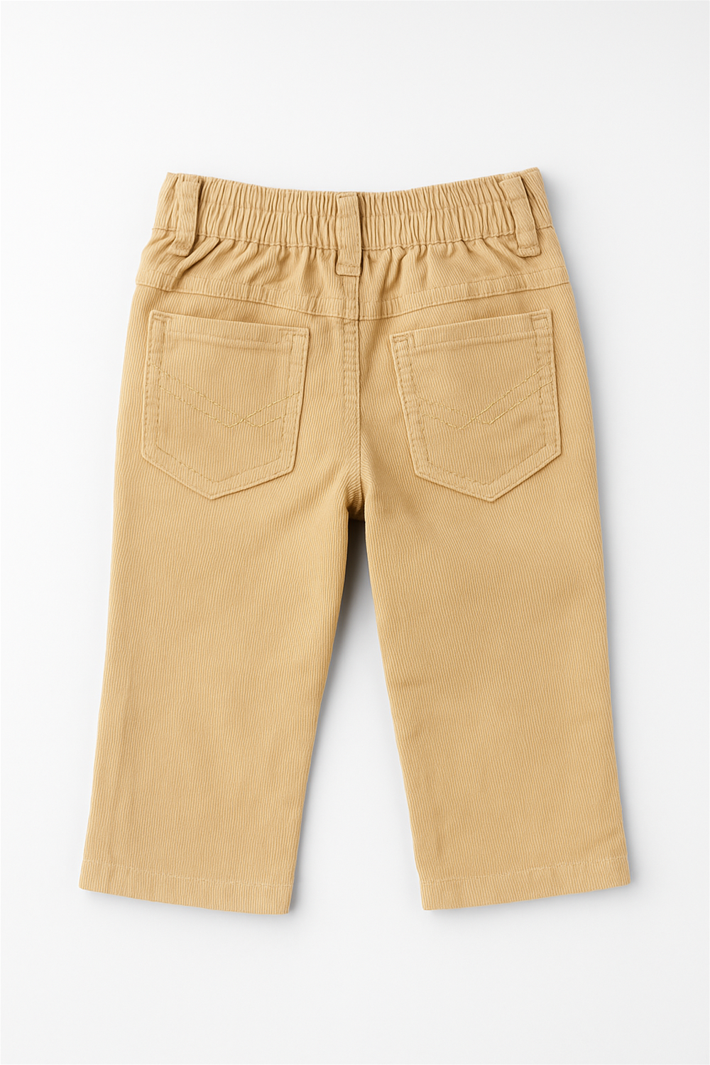 Back view of beige corduroy toddler pants laid flat on a white background. The pants feature two rear patch pockets with decorative stitching, an elastic waistband for added comfort, and belt loops. The soft ribbed fabric offers a cozy and flexible fit, perfect for everyday wear.