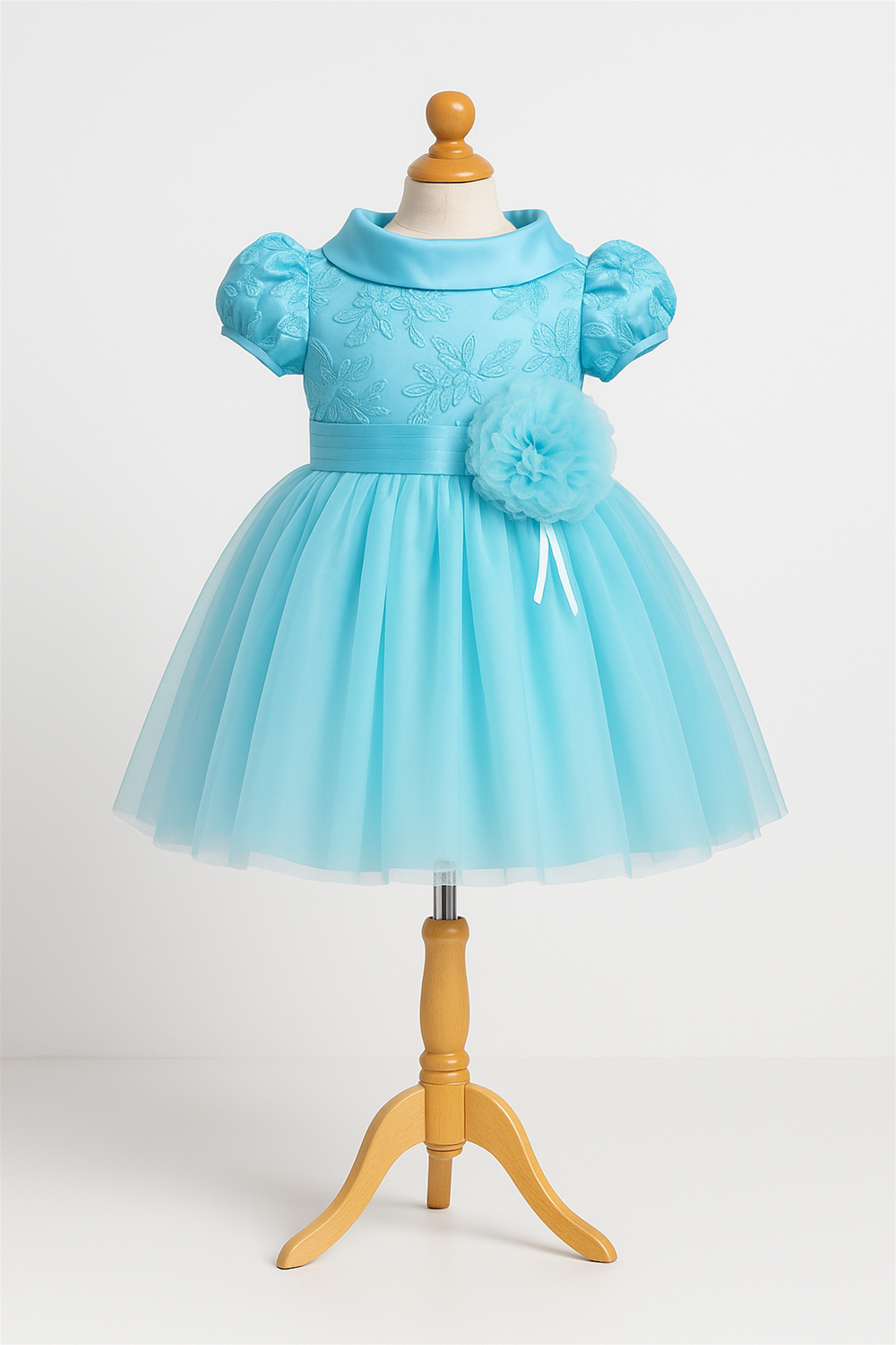 Sky blue baby frock with floral embroidery, puff sleeves, satin collar, and tulle skirt, displayed on wooden mannequin.