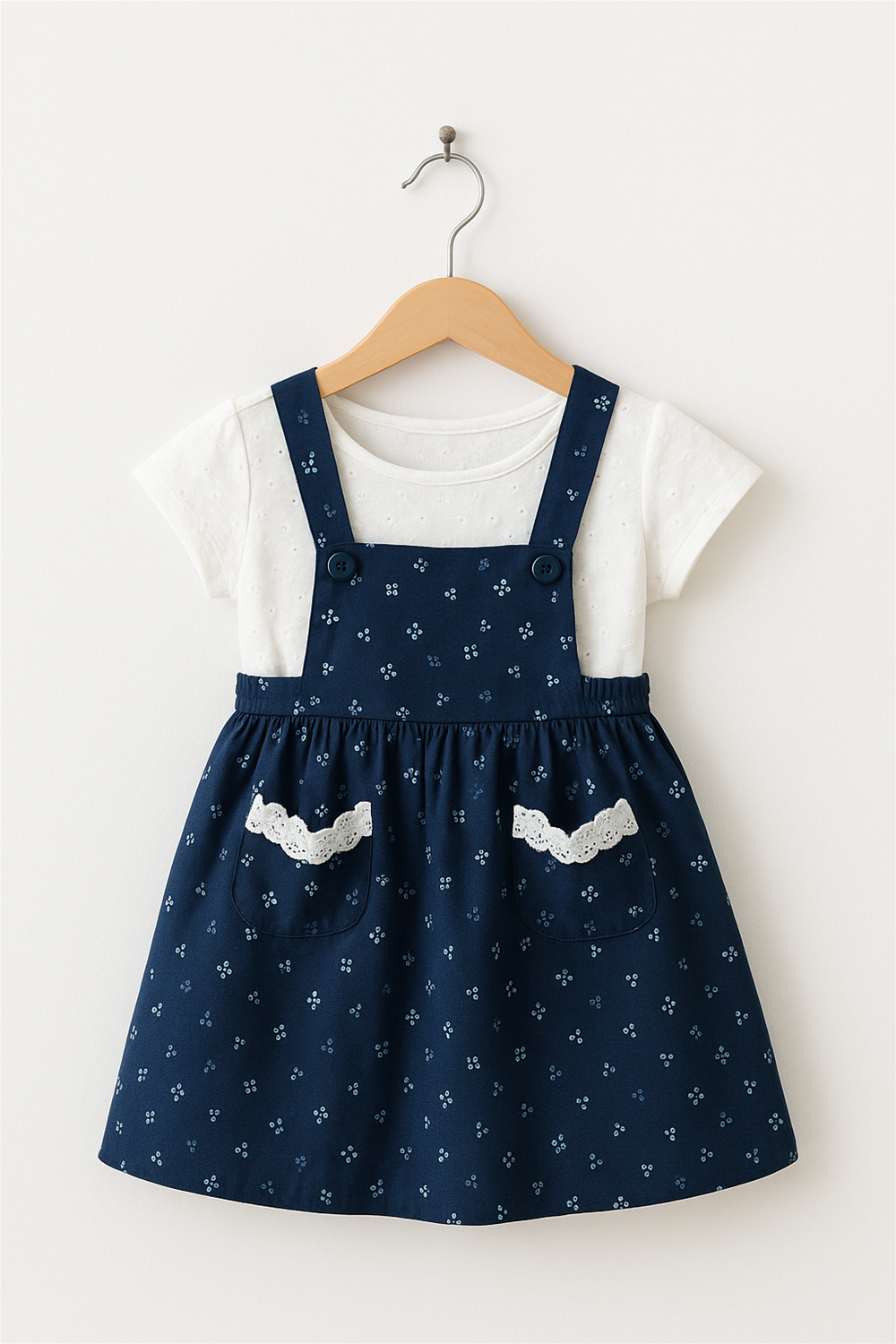 A baby girl's dress featuring a white shirt with a Chinese collar and blue polka dots, designed with half sleeves.