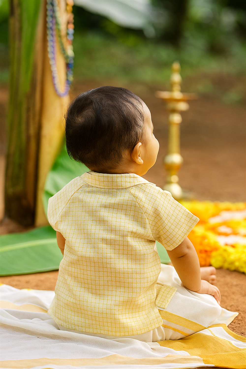 Smiling baby boy in yellow checkered shirt and white dhoti with golden border, sitting outdoors during Onam celebration.
