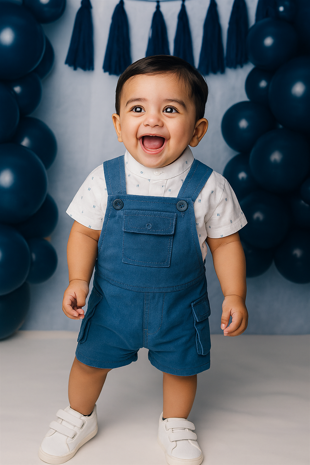 A cheerful baby boy Wearing steel blue corduroy dungaree and a white shirt, sitting comfortably with a playful expression.