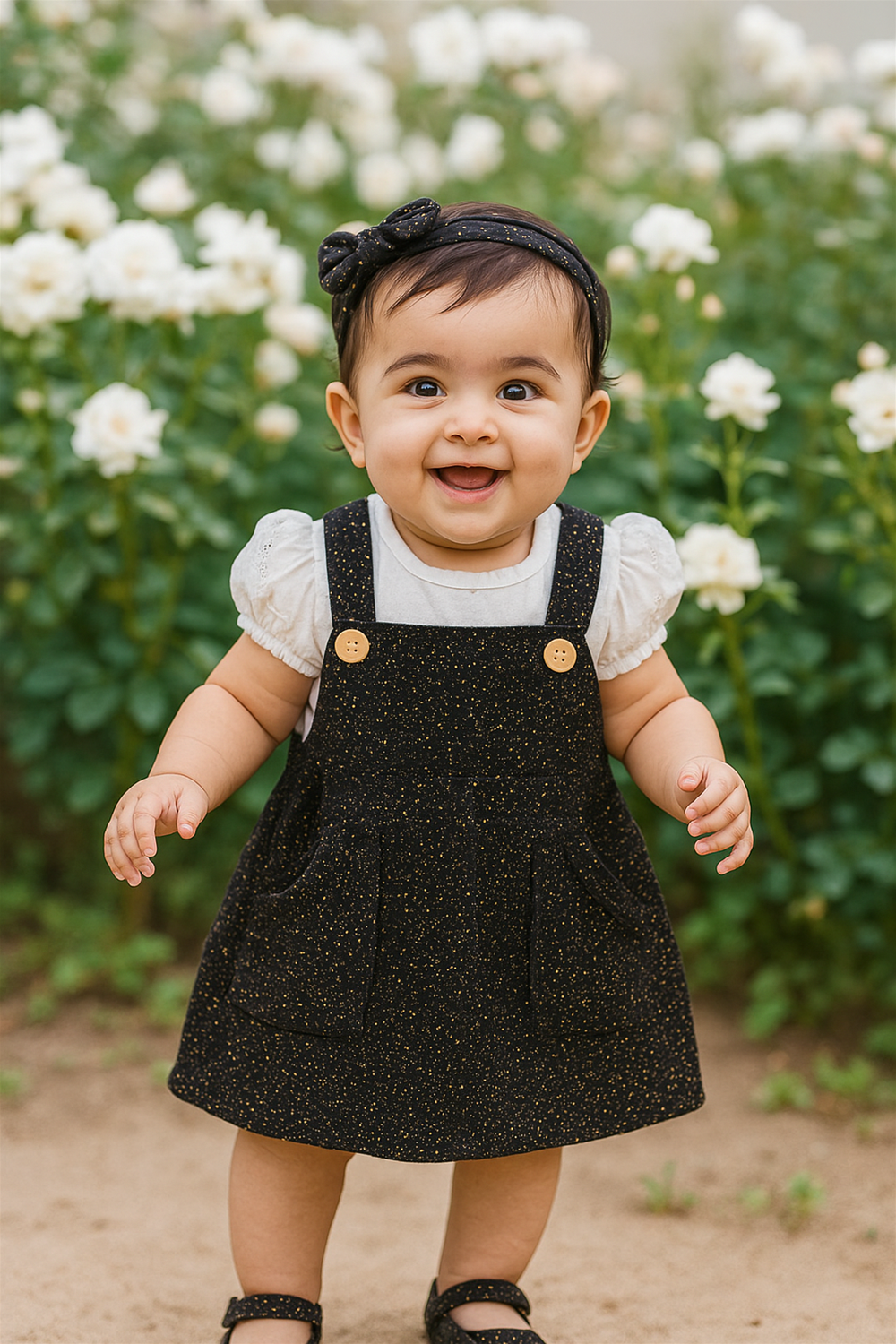  A baby girl in a black sparkling pinafore dress stands among blooming white roses field.
