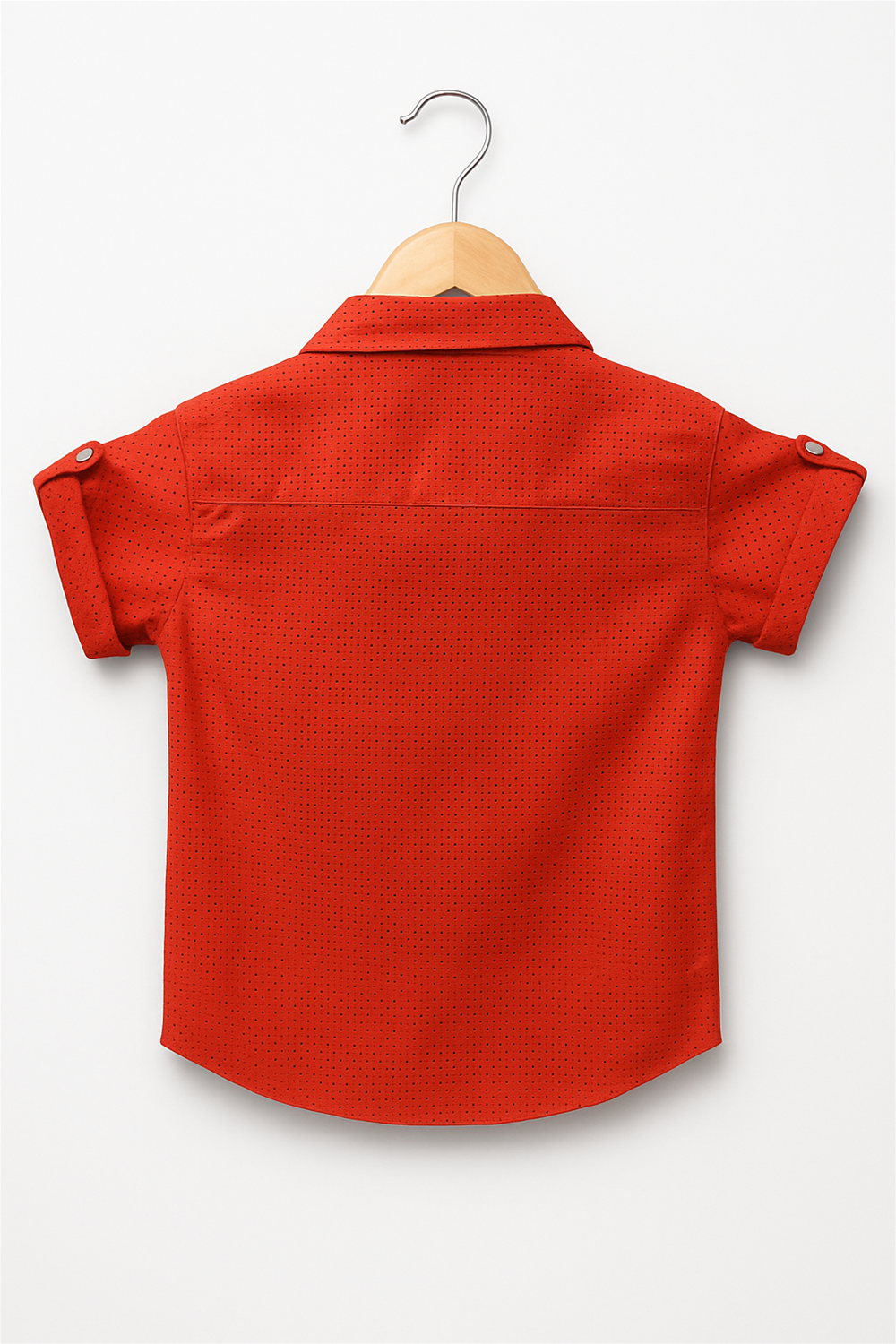 A boy's red half-sleeve shirt featuring a standard collar.
