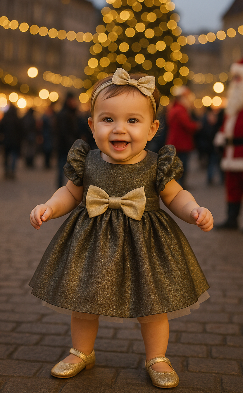 Smiling baby girl in a shimmering golden dress with puff sleeves and bow, standing joyfully before Christmas lights.