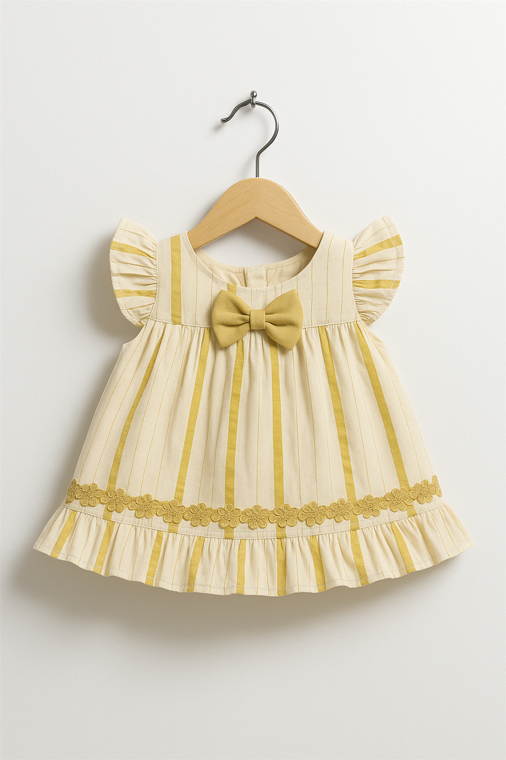 Yellow striped frock with golden bow, lace border, ruffled hem, displayed on wooden hanger against plain background.