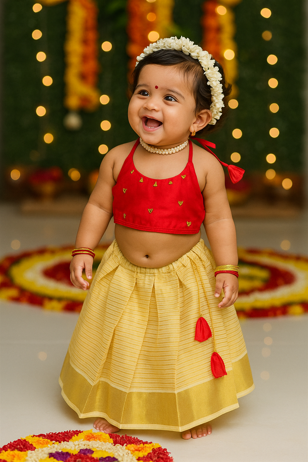 A smiling baby girl wears a red blouse and yellow skirt with bright red tassels, paired with bangles, a pearl necklace, and jasmine flowers in her hair. She stands in a festive setting with lamps, colorful rangoli, and bunting in the background.