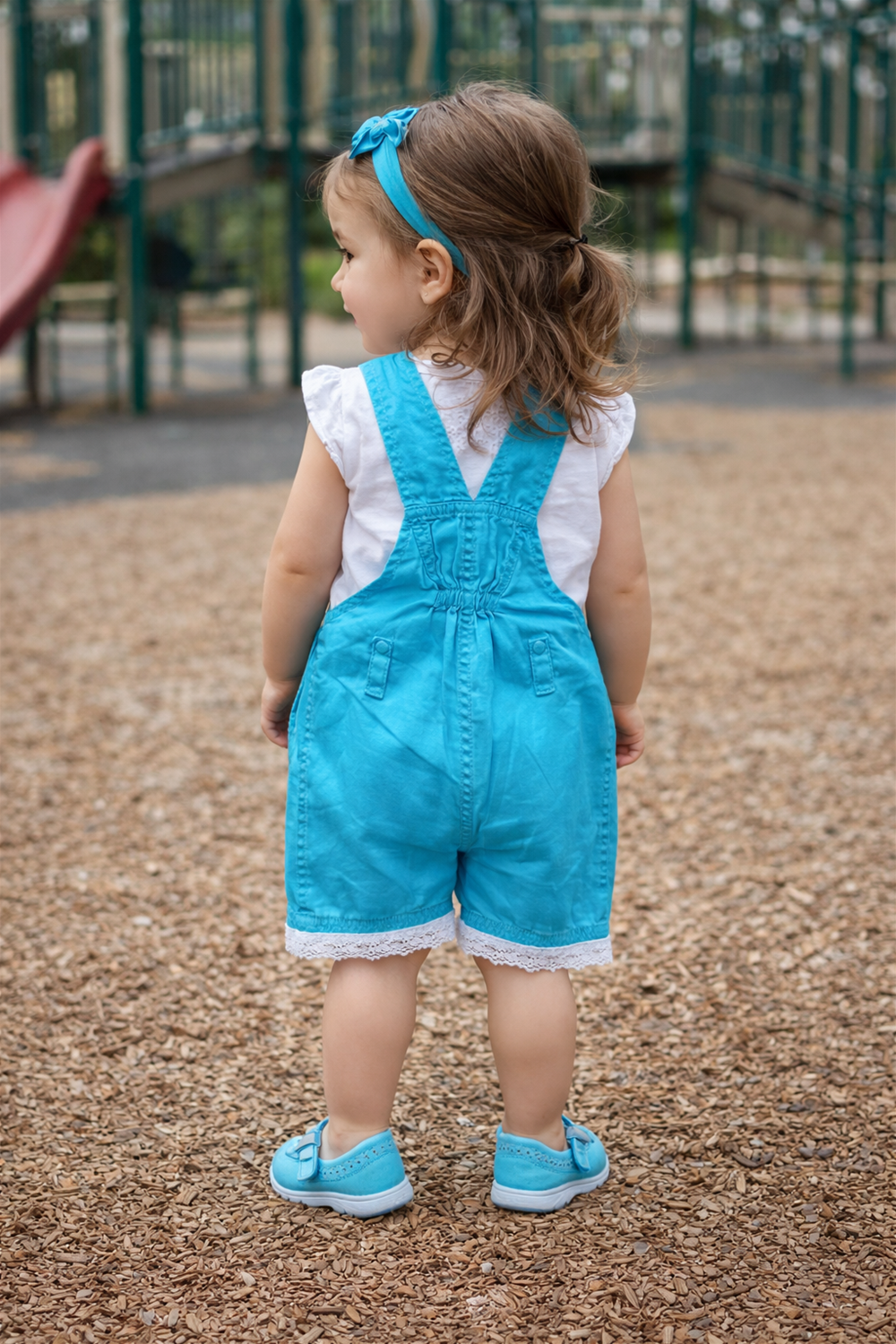 Toddler wearing sky blue dungaree from behind, paired with white top.