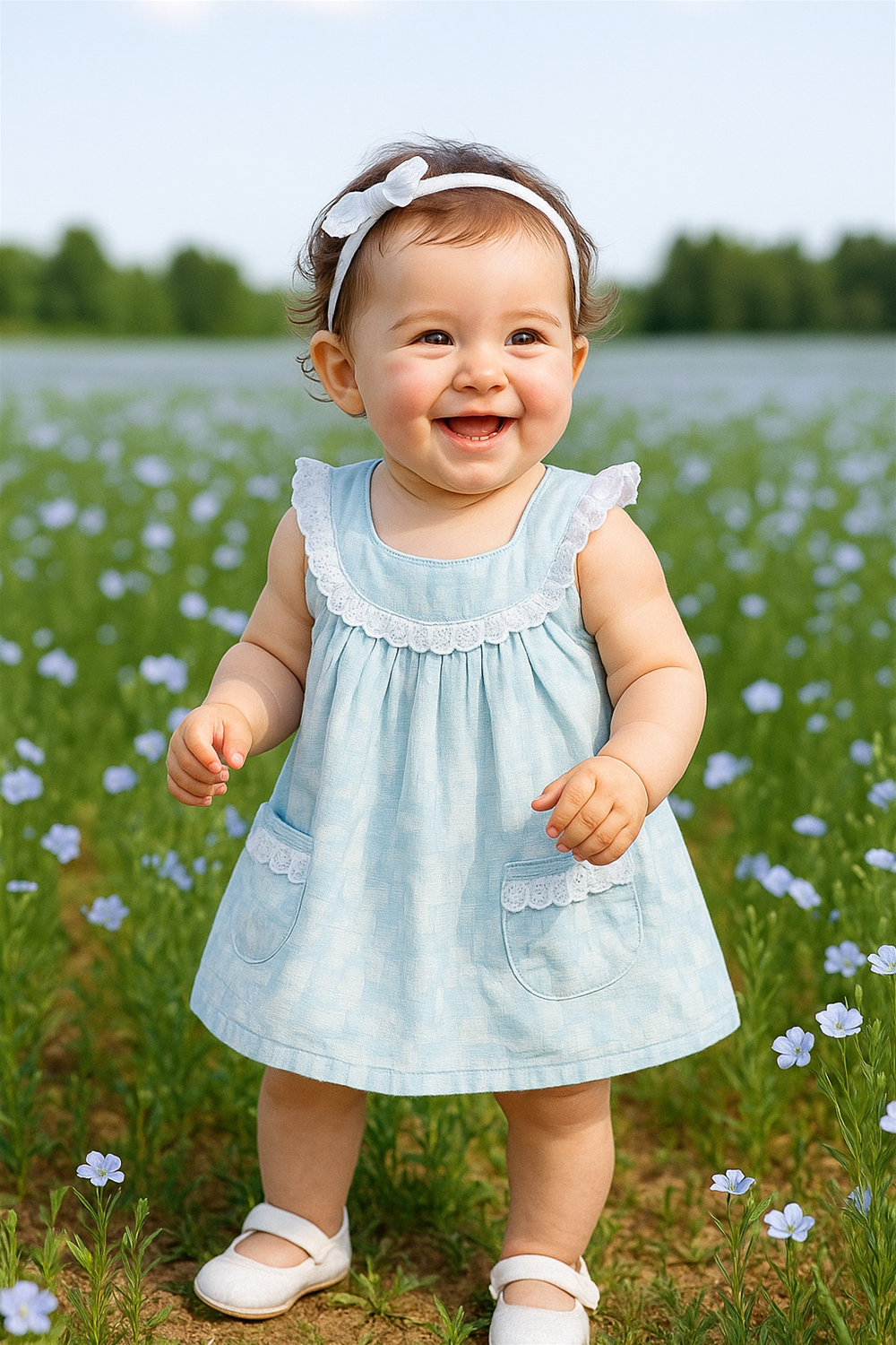 Happy baby girl standing in flower field, wearing sleeveless blue dress with lace collar, front pockets, white headband, and shoes.