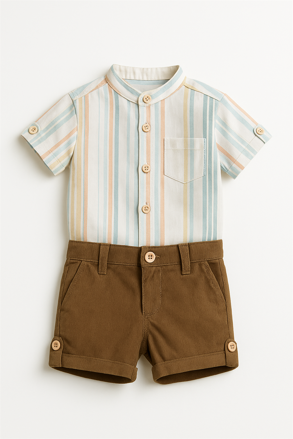 Front view of striped pastel shirt with wooden buttons, Chinese collar, chest pocket, paired neatly with brown corduroy shorts.
