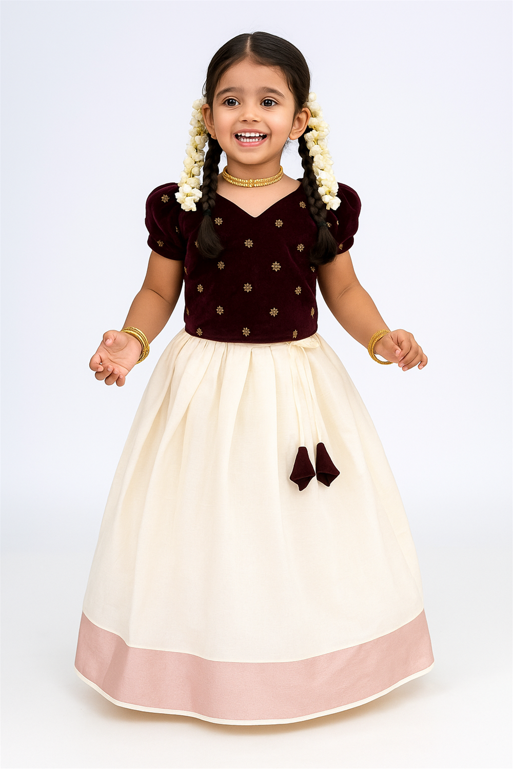 A little girl in a maroon blouse and cream skirt stands smiling with flower petals in her hand, surrounded by festive lamps and a colorful pookalam. She wears jasmine garlands in her braids, gold jewelry, and looks radiant in the traditional Onam celebration setting.