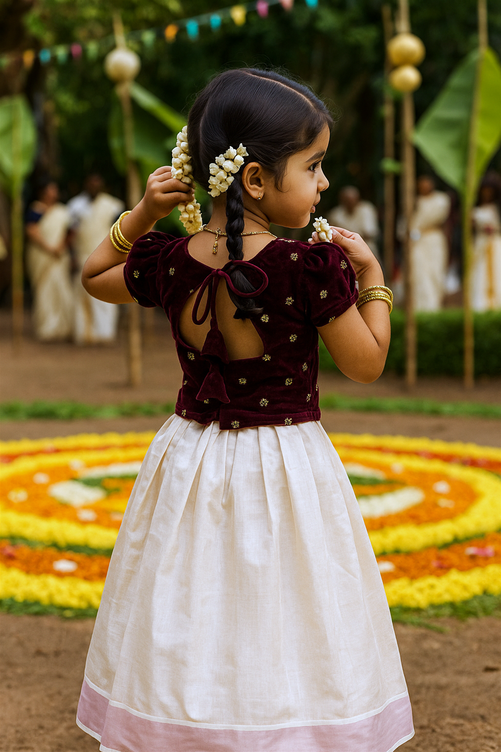 A young girl in a maroon blouse and cream skirt is captured from the back, adjusting jasmine flowers in her braided hair. The festive background features a large floral pookalam and people in traditional Kerala attire.