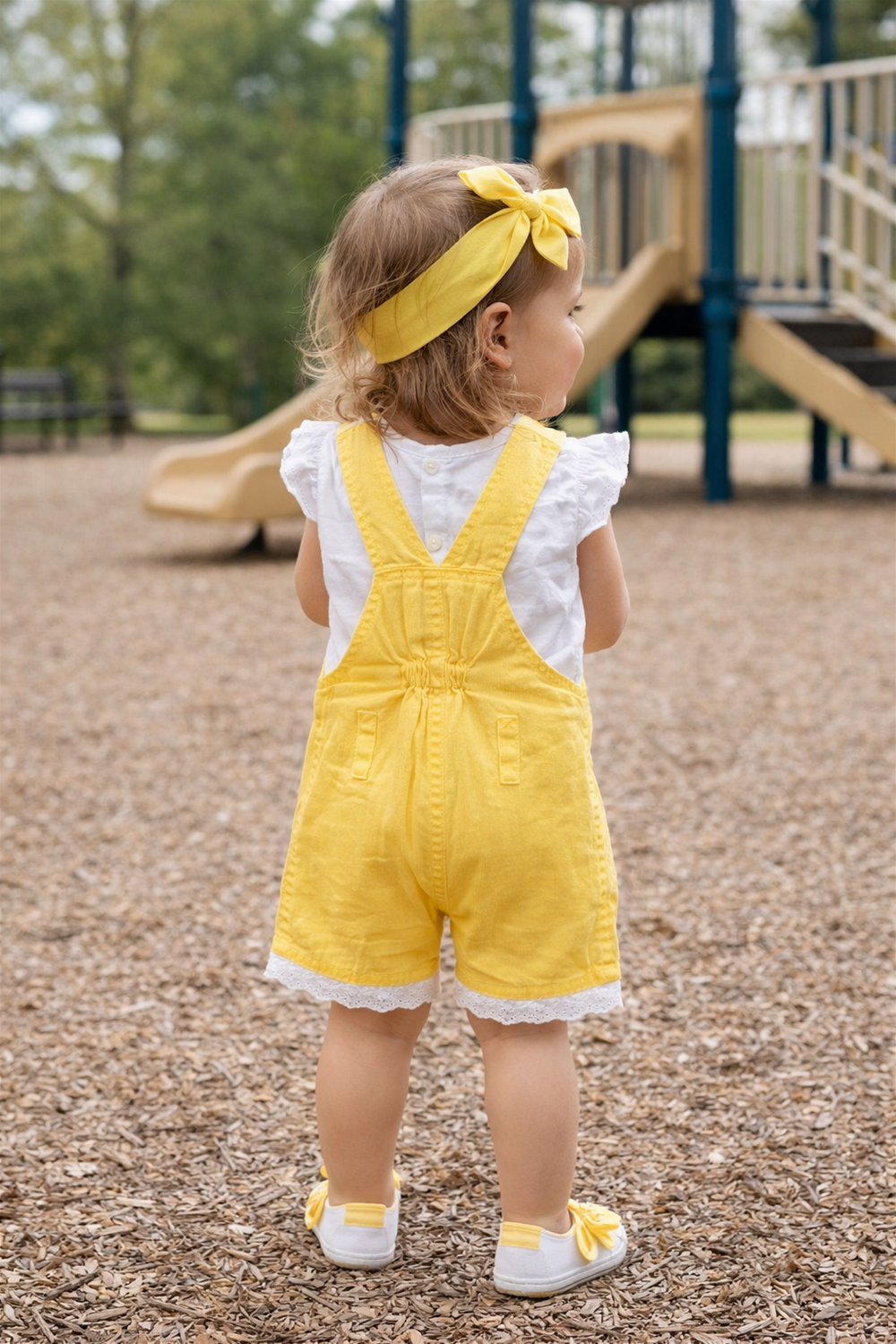 Toddler wearing yellow dungaree from behind, paired with white top.