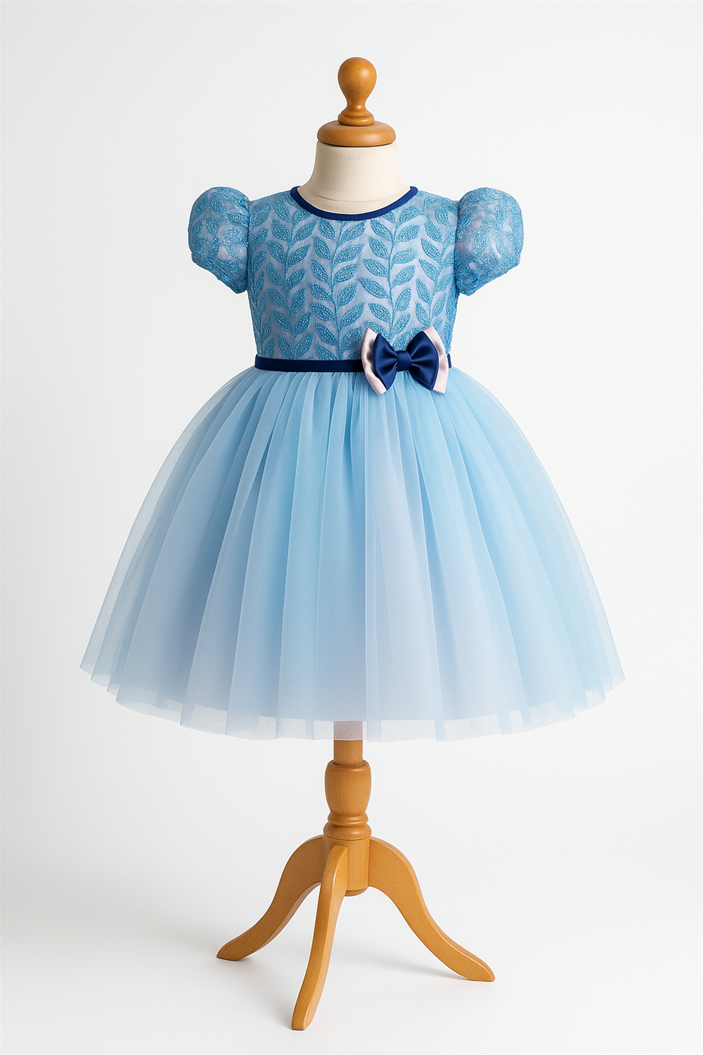 Elegant baby blue frock displayed on a wooden mannequin, featuring lace bodice, puff sleeves, and tulle skirt with satin bow.