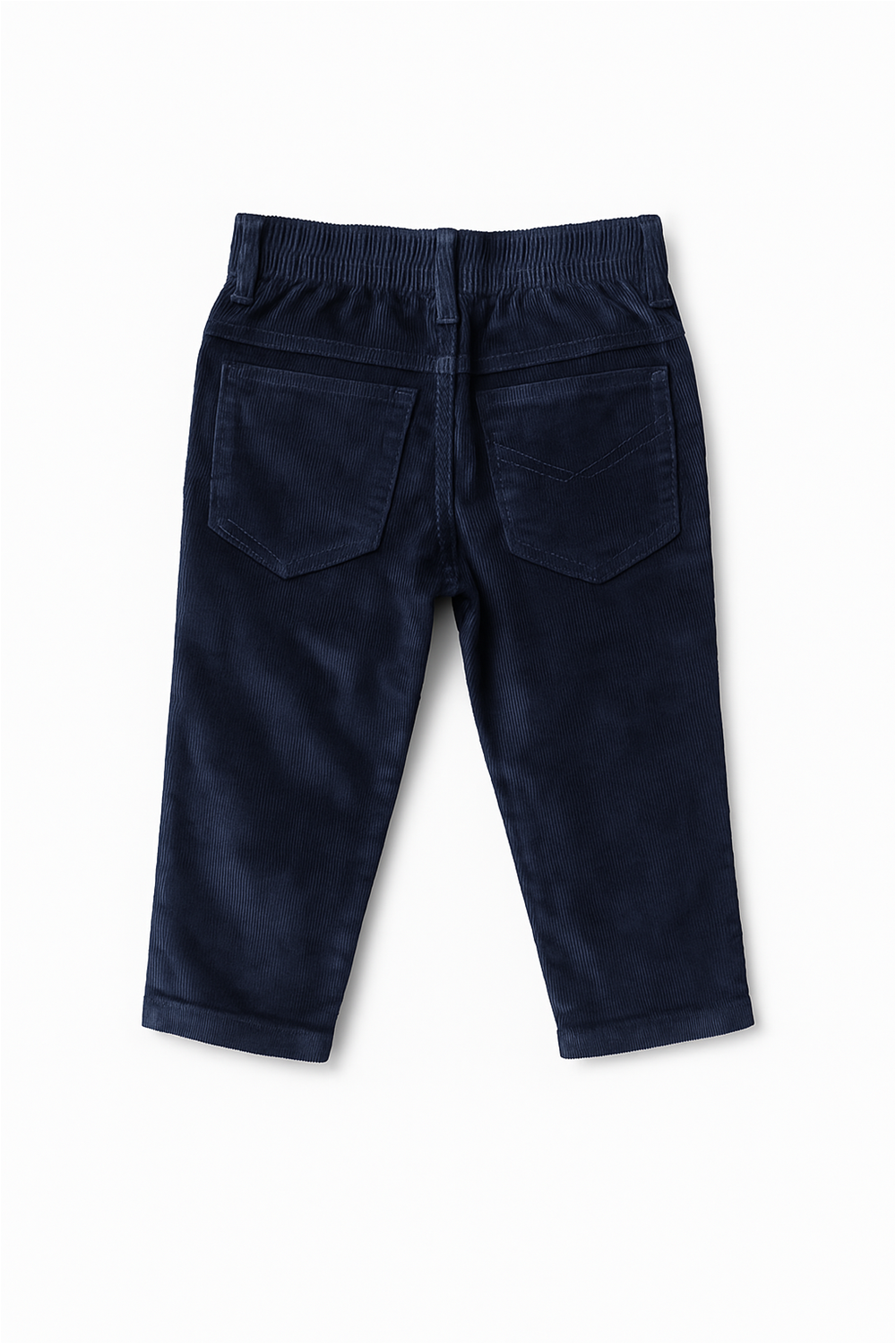Navy blue corduroy boys' full-length pants displayed flat on a white background. The pants feature front scoop pockets, a coin pocket, belt loops, and a copper-colored button closure at the waistband. The fabric has a fine ribbed texture, offering a soft and structured look suitable for formal or casual wear.