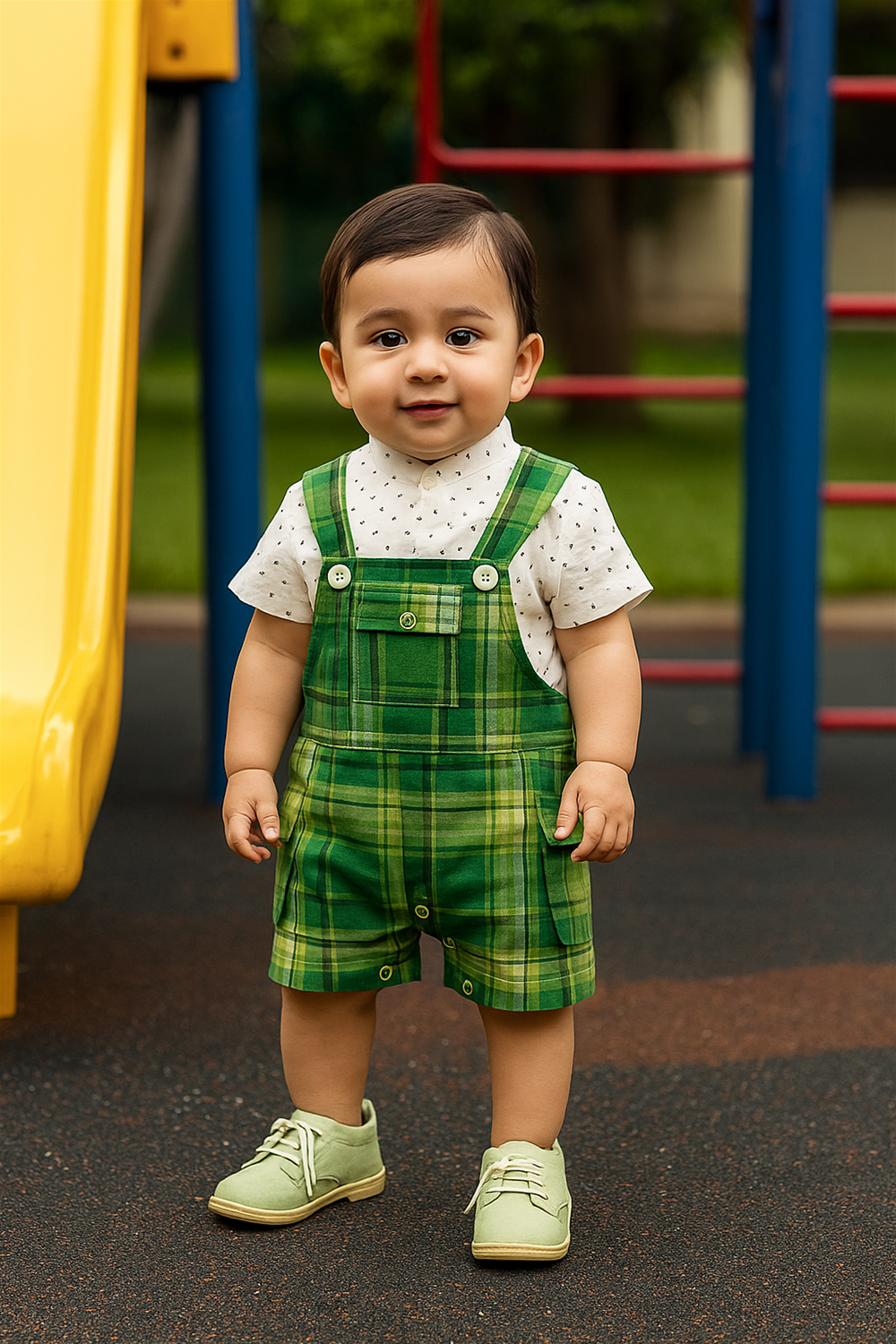 A baby boy's green and white check dungaree, featuring adjustable straps and a cute pocket detail.