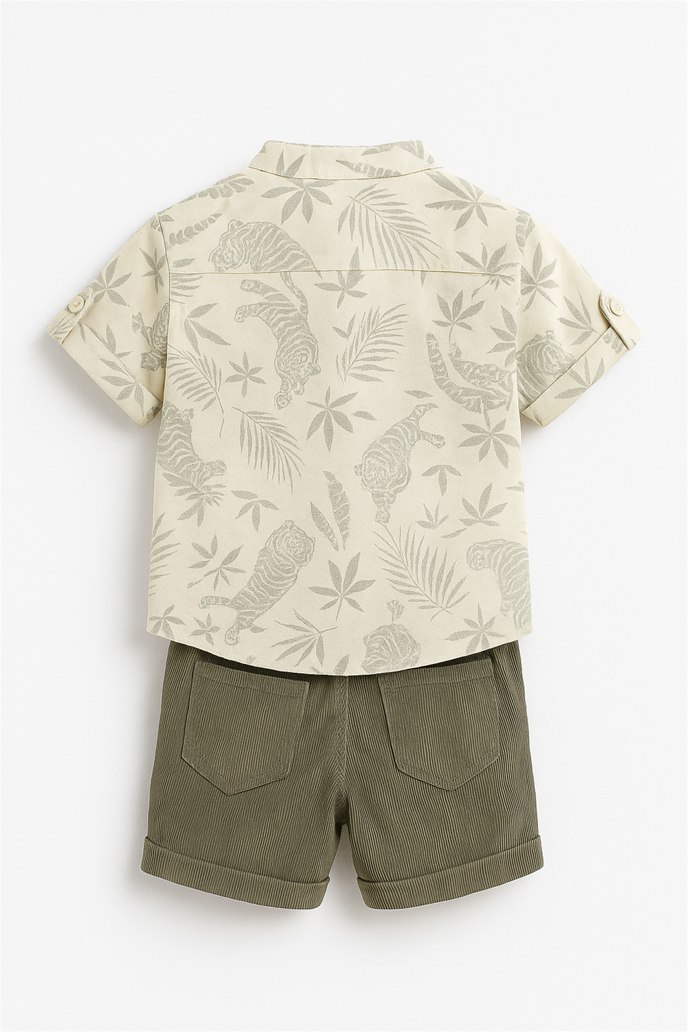 Back view of light yellow printed shirt and olive corduroy shorts set, displayed neatly against plain white studio background.