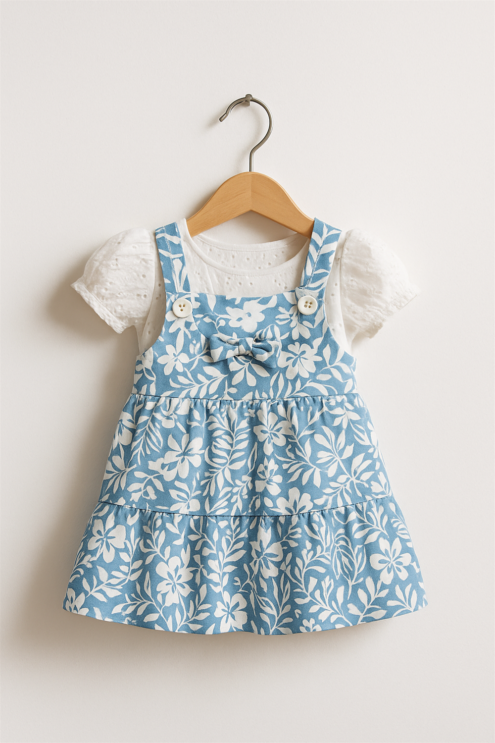 A baby girl's sleeveless blue pinafore dress with white floral prints is displayed on a wooden hanger over a puff-sleeve white inner top. The dress features white buttons on the straps and a cute bow at the chest, ideal for a breezy summer outfit.