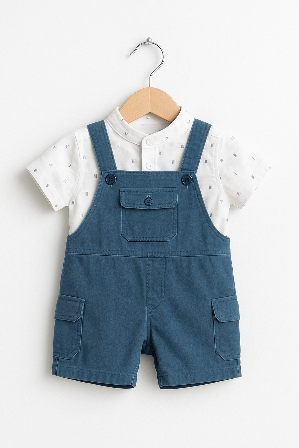 Baby boy's baby boy Wearing steel blue corduroy dungaree paired with a light-colored shirt, perfect for a stylish and comfortable look.