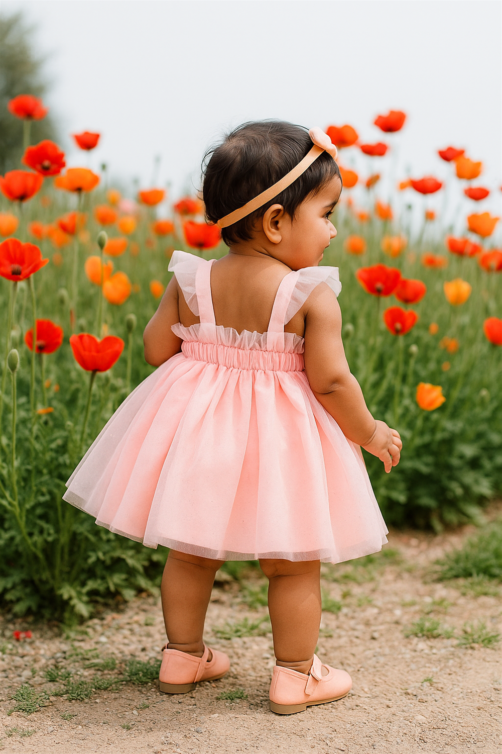 Baby girl in a peach net frock with ruffle straps, standing in a vibrant poppy flower field. View from the back highlights the dress’s flared skirt, matching headband, and shoes.