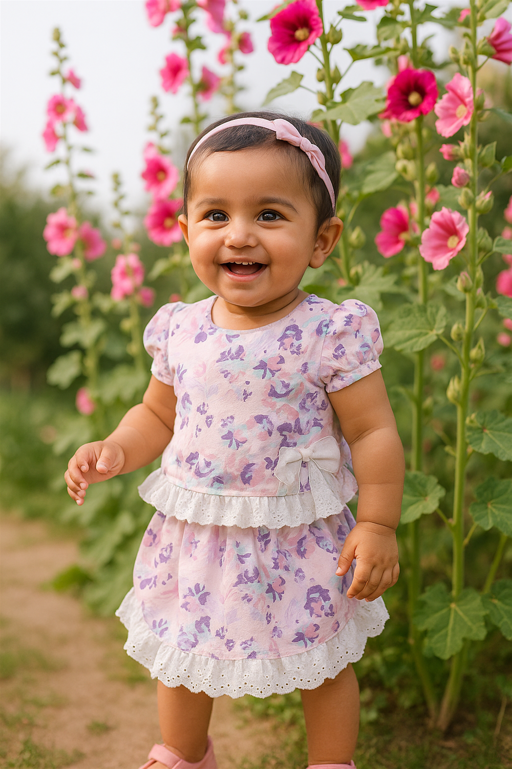 A baby girl wearing a pink dress stands amidst vibrant flowers, showcasing a joyful expression.