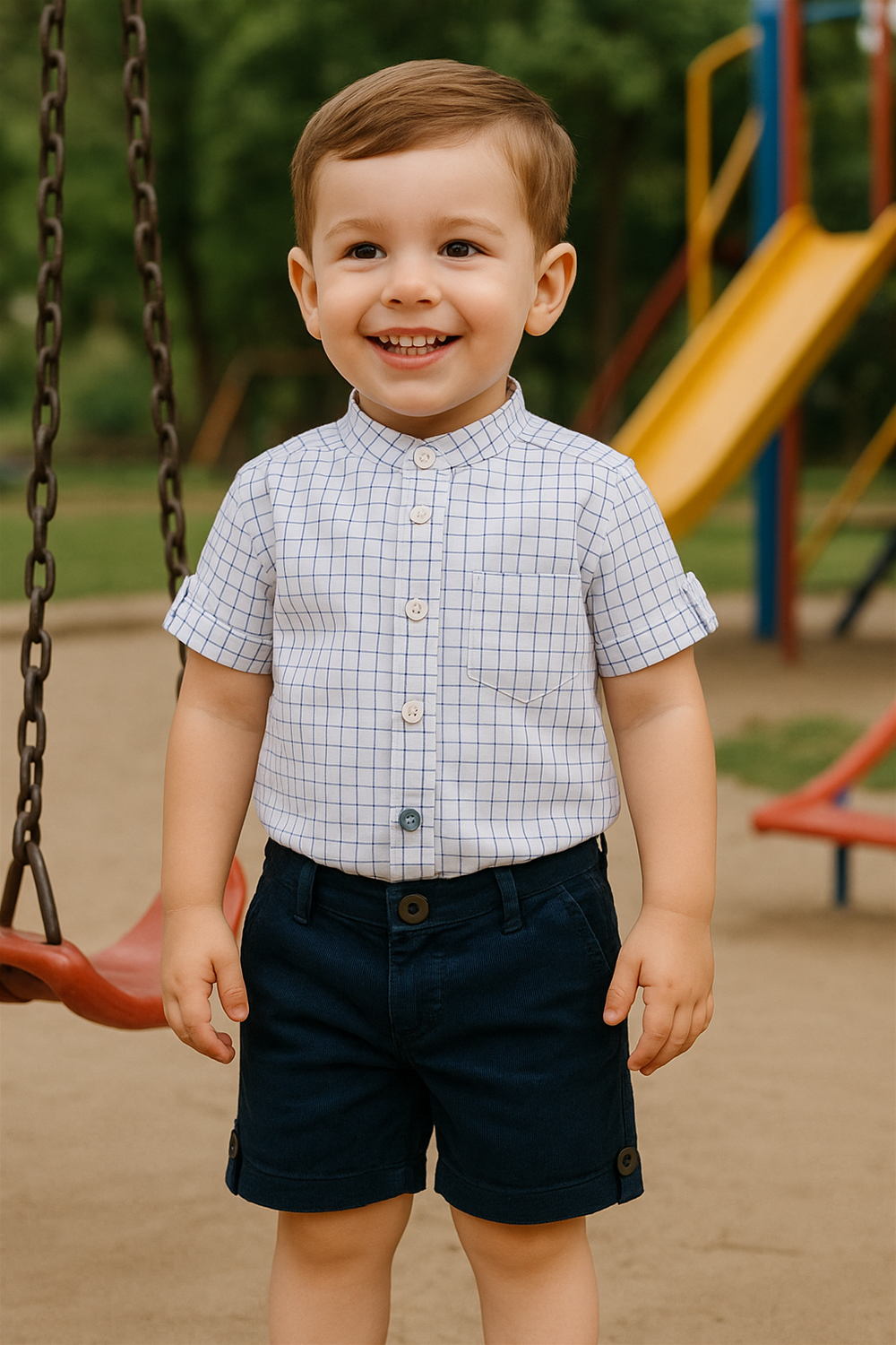 Smiling toddler in white checkered shirt and navy shorts, hands on waist, posing confidently in bright studio light.
