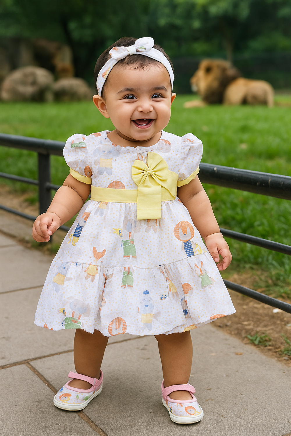  A baby girl in a colorful dress and shoes stands before a lion, embodying a sense of wonder and exploration.